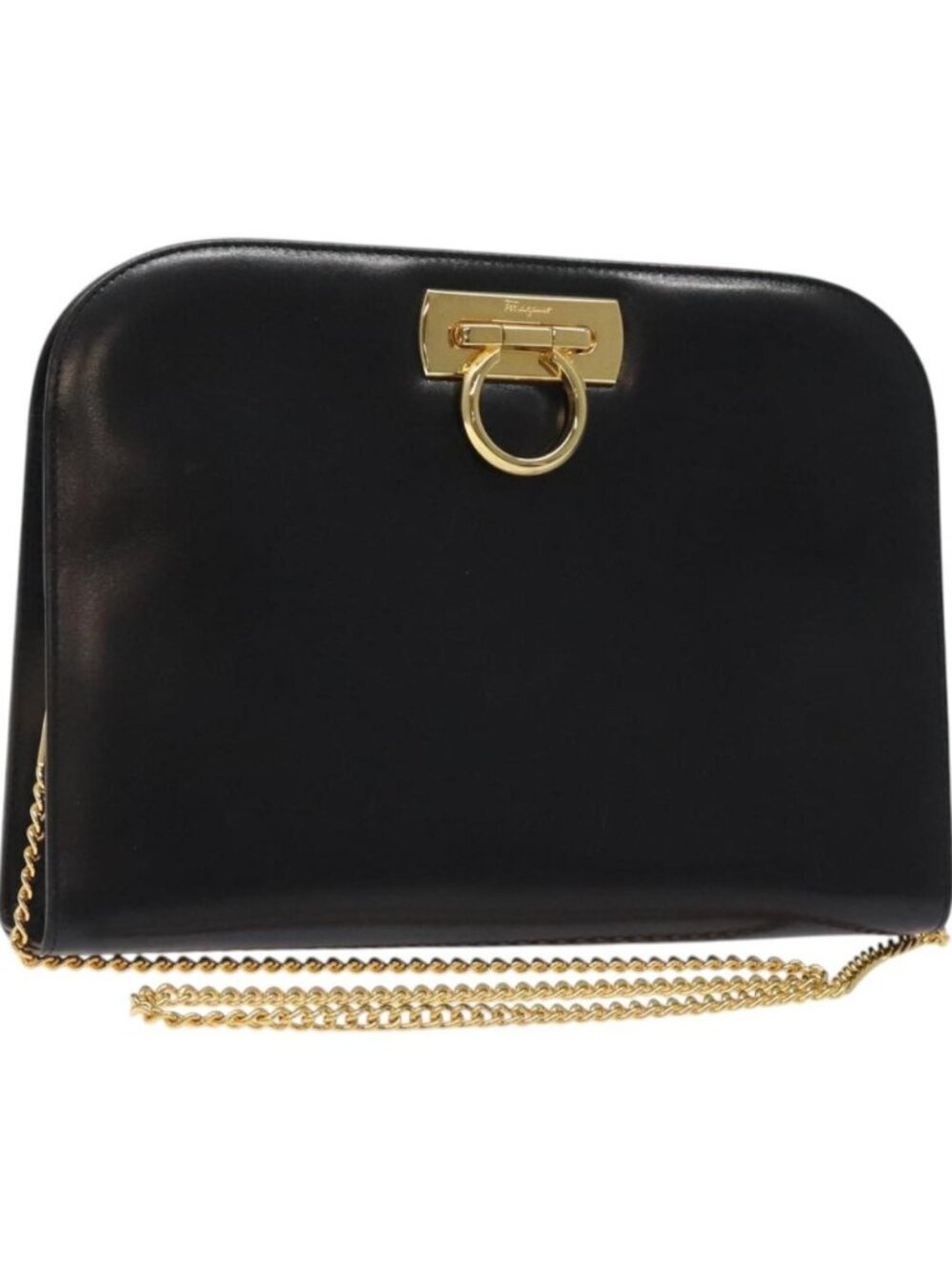 Salvatore Ferragamo Chain Shoulder Bag Leather Black Gold